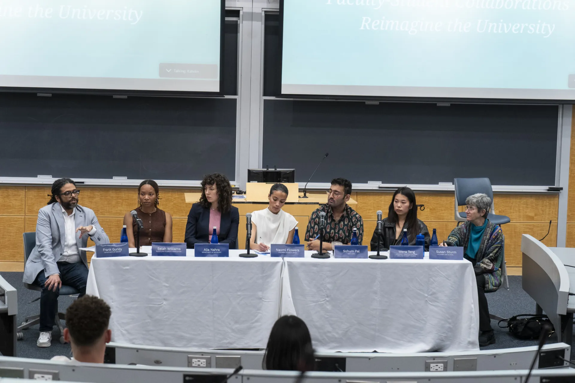 Frank Guridy, Selah Williams, Alia Nahra, Naomi Flowers, Sohum Pal, Wena Teng, and Susan Sturm speaking at "Columbia Teach-in: Faculty Student Collaborations to Reimagine the University."