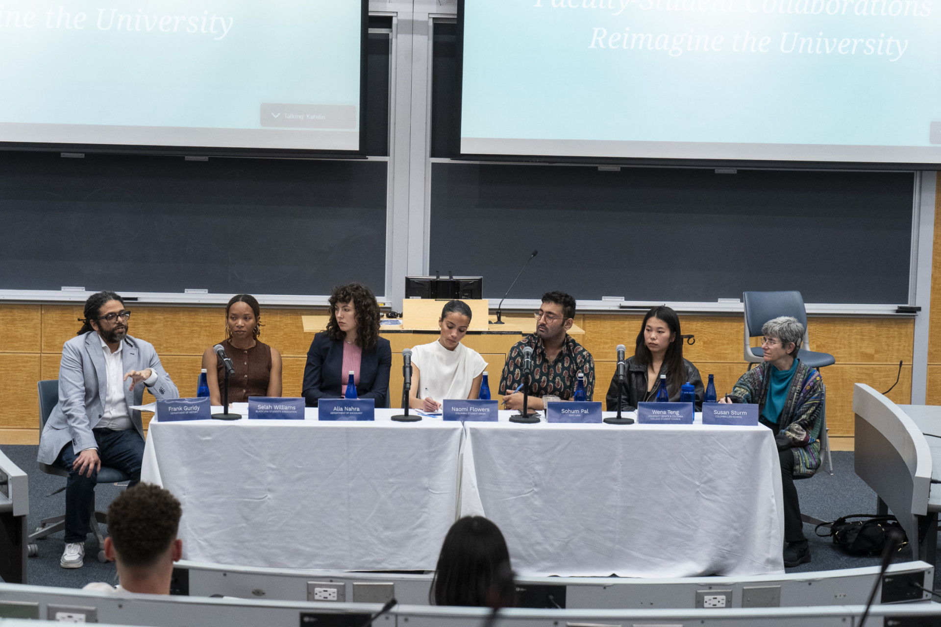 Frank Guridy, Selah Williams, Alia Nahra, Naomi Flowers, Sohum Pal, Wena Teng, and Susan Sturm speaking at "Columbia Teach-in: Faculty Student Collaborations to Reimagine the University."