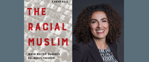 Side by side of the book cover for The Racial Muslim and Sahar Aziz's headshot