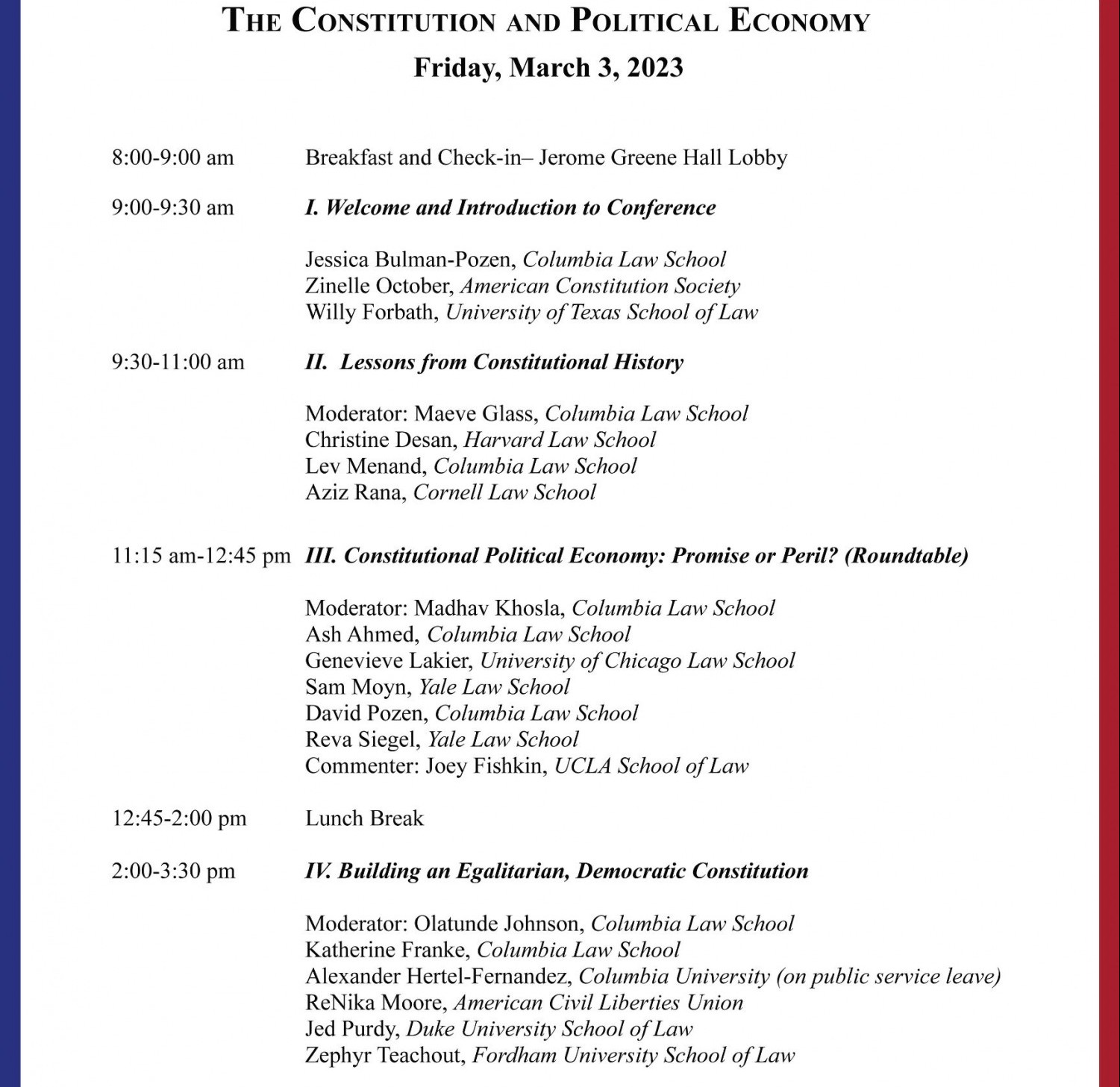 The Constitution and Political Economy Conference Agenda